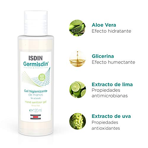 ISDIN Germisdin, Gel hidroalcohólico de manos formulado con aloe vera, suaviza e hidrata, 70% Alcohol, 120 ml