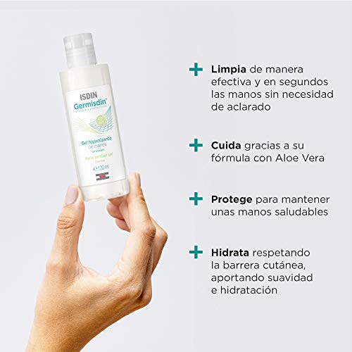 ISDIN Germisdin, Gel hidroalcohólico de manos formulado con aloe vera, suaviza e hidrata, 70% Alcohol, 120 ml