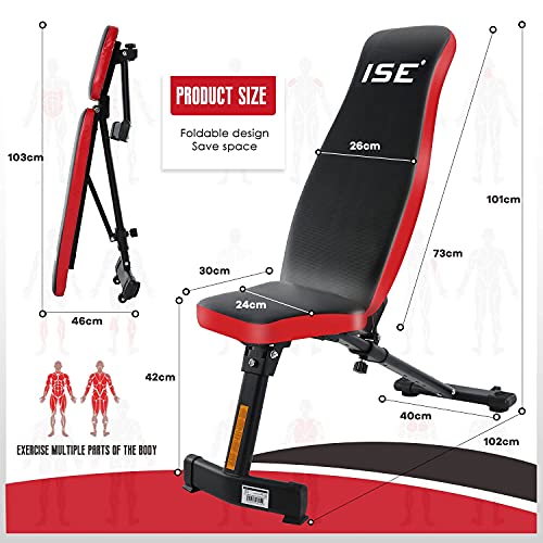 ISE Banco de Pesas Musculación Ajustable Plegable Multifuncional Inclinable Reclinable, Banco de Peso Plano Declinado Inclinado Abdominales para Fitness Entrenamiento Profesional con Respaldo, SY-5021