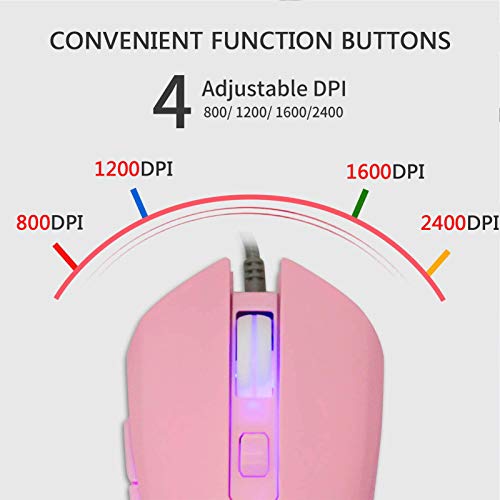 IULONEE Ratón para Juegos con Cable USB C Silent 7 Colores retroiluminado óptico Tipo C Game Ratones Rosa Ergonómico Ratón con 2400 dpi y 6 Botones para PC Ordenador portátil Escritorio Mac (Rosa)