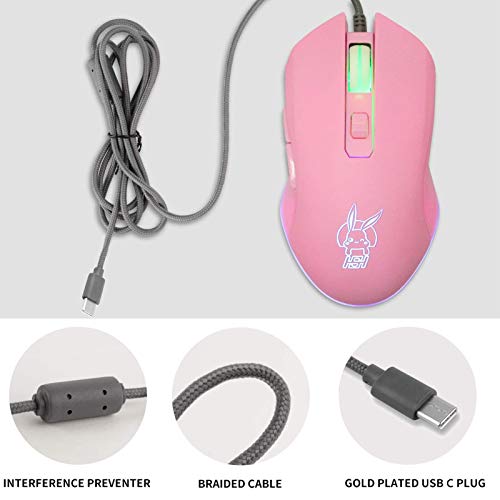 IULONEE Ratón para Juegos con Cable USB C Silent 7 Colores retroiluminado óptico Tipo C Game Ratones Rosa Ergonómico Ratón con 2400 dpi y 6 Botones para PC Ordenador portátil Escritorio Mac (Rosa)