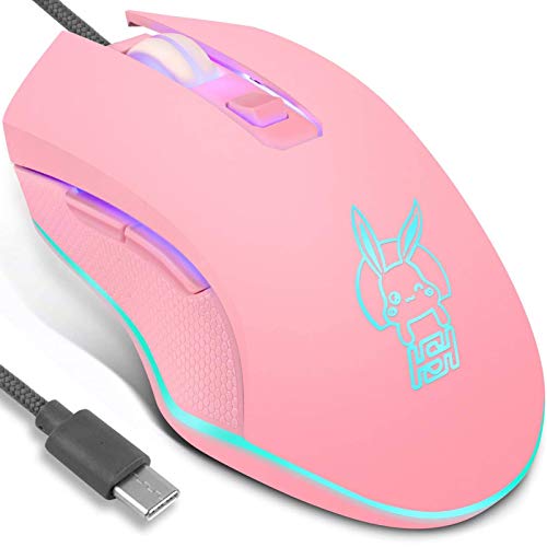 IULONEE Ratón para Juegos con Cable USB C Silent 7 Colores retroiluminado óptico Tipo C Game Ratones Rosa Ergonómico Ratón con 2400 dpi y 6 Botones para PC Ordenador portátil Escritorio Mac (Rosa)