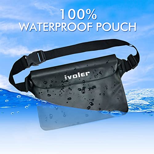 ivoler Set de Bolsa Waterproof con Riñonera Impermeable Bolsa Cintura y Funda Móvil Impermeable para Playa Natación Canotaje Pesca, Protección Teléfono Móvil, Cámara, Documento, Pasaporte (Negro)