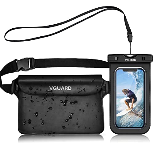 ivoler Set de Bolsa Waterproof con Riñonera Impermeable Bolsa Cintura y Funda Móvil Impermeable para Playa Natación Canotaje Pesca, Protección Teléfono Móvil, Cámara, Documento, Pasaporte (Negro)