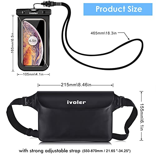 ivoler Set de Bolsa Waterproof con Riñonera Impermeable Bolsa Cintura y Funda Móvil Impermeable para Playa Natación Canotaje Pesca, Protección Teléfono Móvil, Cámara, Documento, Pasaporte (Negro)