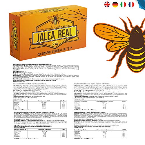 Jalea Real con Ginseng y Vitamina C 20 Ampollas | Vitaminas para el cansancio| Refuerza el organismo| Vitamina B6 y B12| Ayuda a reforzar el sistema inmunitario| QUALNAT