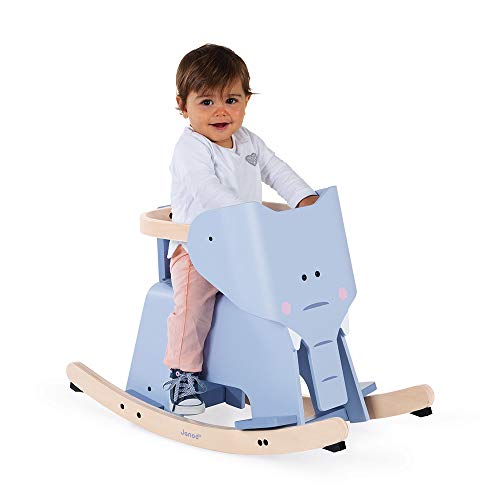 Janod - Elefante Balancín de Madera - Juguete para Niños - Desarrolla el Equilibrio - Sistema Antivuelco, Reposapiés, Sillín Desmontable y Protección de Seguridad - A partir de 1 Año, J08024