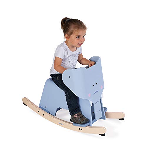 Janod - Elefante Balancín de Madera - Juguete para Niños - Desarrolla el Equilibrio - Sistema Antivuelco, Reposapiés, Sillín Desmontable y Protección de Seguridad - A partir de 1 Año, J08024