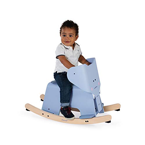 Janod - Elefante Balancín de Madera - Juguete para Niños - Desarrolla el Equilibrio - Sistema Antivuelco, Reposapiés, Sillín Desmontable y Protección de Seguridad - A partir de 1 Año, J08024