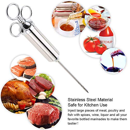 Jeringa Salsa BBQ, Inyector De Sabor, Inyector De Carne, Aguja para Especias, Aguja para Condimentos, 60ml, 3 agujas, 2 Cepillos De Limpieza y 4 O-Anillo De Silicona (Plata)