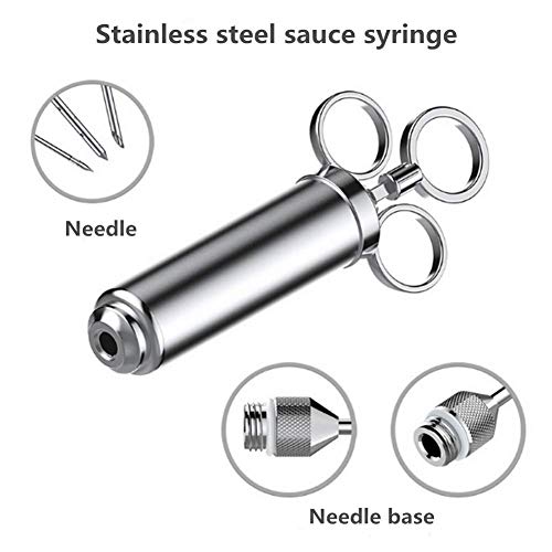 Jeringa Salsa BBQ, Inyector De Sabor, Inyector De Carne, Aguja para Especias, Aguja para Condimentos, 60ml, 3 agujas, 2 Cepillos De Limpieza y 4 O-Anillo De Silicona (Plata)