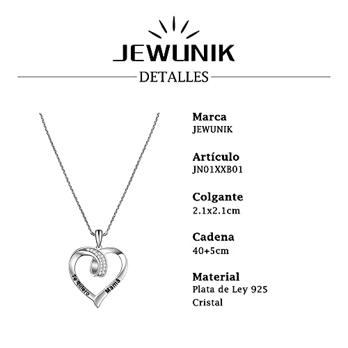 JEWUNIK Collar Mujer Plata de Ley 925 Grabado Colgante Corazón Amor con Cadena Mamá Abuela Regalo Original