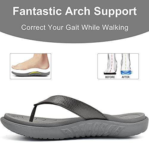 jiajiale Chanclas Mujer Moda Ortopedicas Comodas Piel Tela Sandalias de Dedo Verano Cool Playa Piscina Flip Flop Ligera Abierta Chancletas Antideslizante Goma Suela Gris EU39