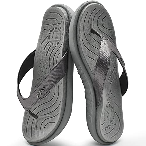 jiajiale Chanclas Mujer Moda Ortopedicas Comodas Piel Tela Sandalias de Dedo Verano Cool Playa Piscina Flip Flop Ligera Abierta Chancletas Antideslizante Goma Suela Gris EU40