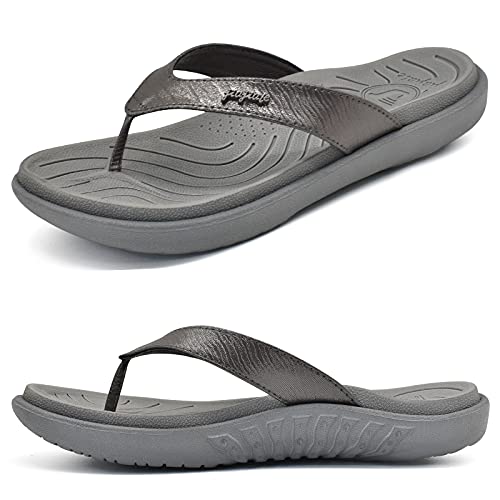 jiajiale Chanclas Mujer Moda Ortopedicas Comodas Piel Tela Sandalias de Dedo Verano Cool Playa Piscina Flip Flop Ligera Abierta Chancletas Antideslizante Goma Suela Gris EU40