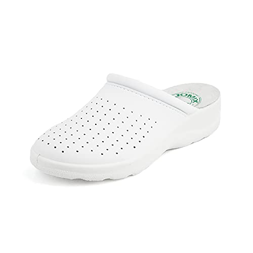 JOMIX Zuecos sanitarios para mujer y hombre, anatómicas, para plantilla de piel auténtica, Blanco para mujer., 37 EU