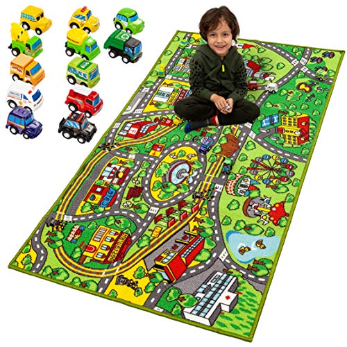 JOYIN Alfombra de Juego con 12 Autos, Juego de vehículos extraíbles para niños, Alfombra Jumbo para Sala de Juegos, Juego de simulación de la Ciudad