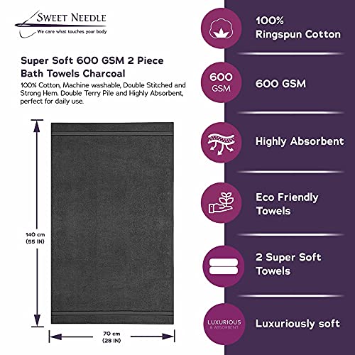 Juego de 2 toallas de baño de algodón súper suave de 600 g/m2 de Sweet Needle, Carbón vegetal, de doble capa, resistente, absorbente y suave para el baño, la ducha y el uso diario - 150x90cm.