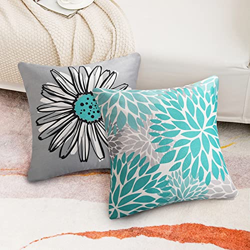 Juego de 4 Funda Cojin 45 x 45 cm Lino Funda de Almohada Decorativos Modernas Daisy Flor Turquesa y Gris Fundas de Cojines de Sofas Cama Salon Hogar Jardin Bancos Exterior Funda Almohadon Cuadrado