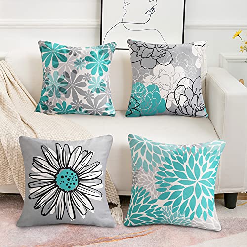 Juego de 4 Funda Cojin 45 x 45 cm Lino Funda de Almohada Decorativos Modernas Daisy Flor Turquesa y Gris Fundas de Cojines de Sofas Cama Salon Hogar Jardin Bancos Exterior Funda Almohadon Cuadrado