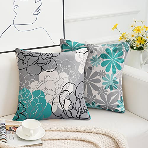 Juego de 4 Funda Cojin 45 x 45 cm Lino Funda de Almohada Decorativos Modernas Daisy Flor Turquesa y Gris Fundas de Cojines de Sofas Cama Salon Hogar Jardin Bancos Exterior Funda Almohadon Cuadrado