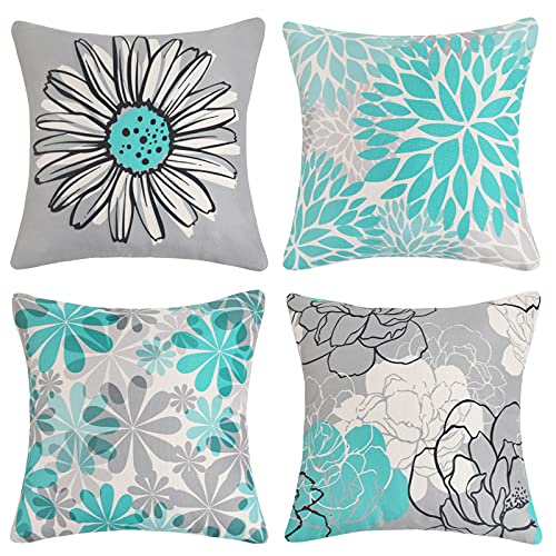 Juego de 4 Funda Cojin 45 x 45 cm Lino Funda de Almohada Decorativos Modernas Daisy Flor Turquesa y Gris Fundas de Cojines de Sofas Cama Salon Hogar Jardin Bancos Exterior Funda Almohadon Cuadrado