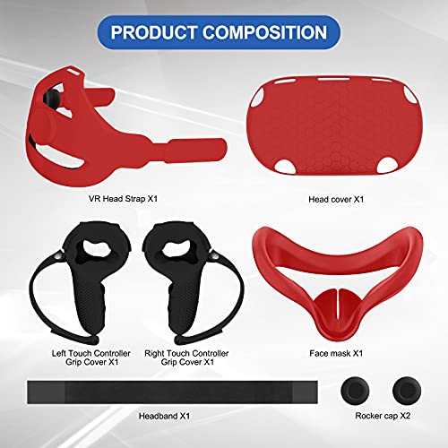 Juego de Accesorios de VR para Oculus Quest 2,Correa Ajustable para la Cabeza K6+Cubierta Protectora Frontal+Cubiertas del Controlador+Cubierta de Silicona,Cómodo,Resistente al Agua (Rojo)