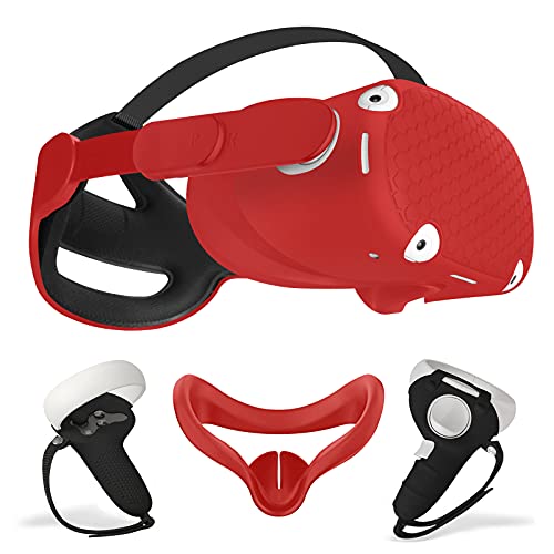 Juego de Accesorios de VR para Oculus Quest 2,Correa Ajustable para la Cabeza K6+Cubierta Protectora Frontal+Cubiertas del Controlador+Cubierta de Silicona,Cómodo,Resistente al Agua (Rojo)