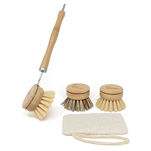 Juego de cepillo madera de bambú ecológico, estropajo ecologico económico con cabezales intercambiables, cepillo limpieza para tazas, platos o cubiertos y para eliminar las manchas difíciles.