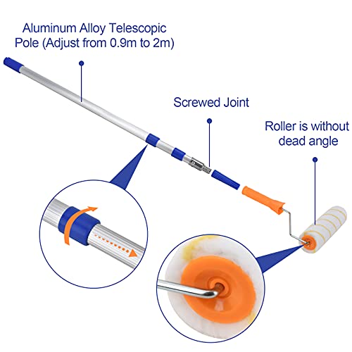 Juego de pinceles telescópicos de aleación de aluminio para barra de pintura, multifunción, ajuste de longitud de 90 cm a 200 cm, incluye 3 cepillos de rodillos reemplazados, 1 cepillo de cerdas