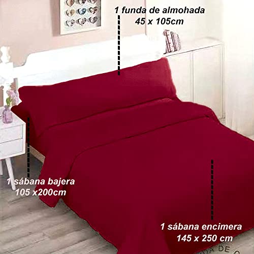 Juego de sábanas con 1 Encimera, 1 Bajera Ajustable, 2 Fundas de Almohada de 70 cm y 1 Funda de Almohada 165 cm (Rojo, Cama 90 - 90x190/200 cm)