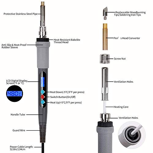 Juego de soldador de pirograbado, 79 unidades, 60 W 220 V, temperatura ajustable con soldador de pintura, puntas de soldadura, consejos de horno de madera, pistón para madera y arte DLY