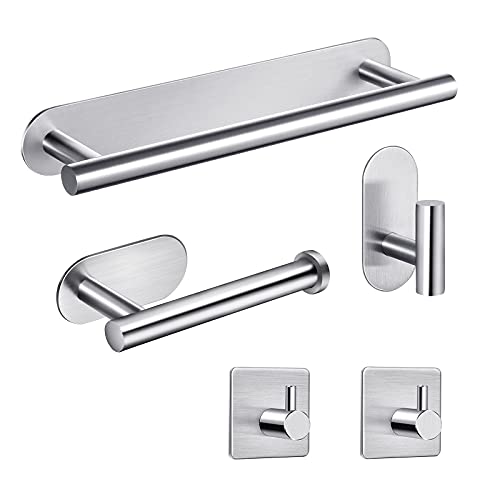 Juego de Toallero de Baño, 5 PCS Juego de Porta Toallero Accesorios Adhesivo Acero Inoxidable, Contiene Toallero de Baño, Portarrollos para Papel, Gancho para Toallas, Gancho Multifunción