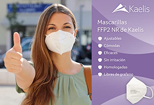 Kaelis Mascarilla FFP2 NR Certificada, EPI, 5 Capas, Con Salvaorejas, Caja de 25 Unidades, Empaquetadas en Bolsas de 5 unidades.