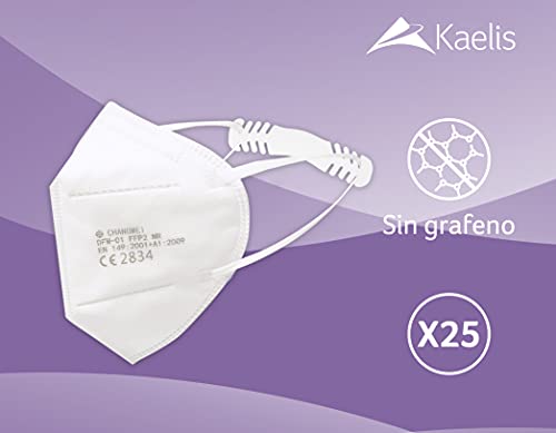 Kaelis Mascarilla FFP2 NR Certificada, EPI, 5 Capas, Con Salvaorejas, Caja de 25 Unidades, Empaquetadas en Bolsas de 5 unidades.