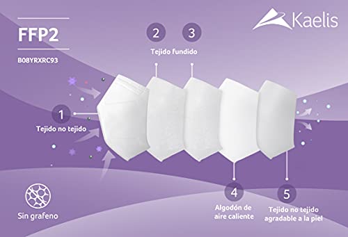 Kaelis Mascarilla FFP2 NR Certificada, EPI, 5 Capas, Con Salvaorejas, Caja de 25 Unidades, Empaquetadas en Bolsas de 5 unidades.