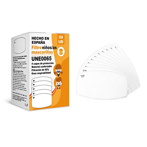 KALLPA® 50 filtros para mascarillas niños UNE0065 - REUTILIZABLES - fabricados en ESPAÑA - hidrófobo, antiestático y antibacteriano, muy transpirable, (TNT) (tnt)