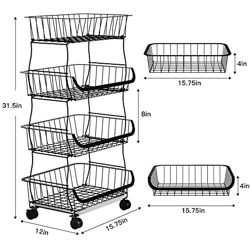 Karboby Carrito de Cocina con Ruedas 4 Niveles Carro de Almacenamiento Carro Carrito Verdulero Cocina Fruteros de Cocina con Cestas Ruedas, Cesta de Alambre de Metal