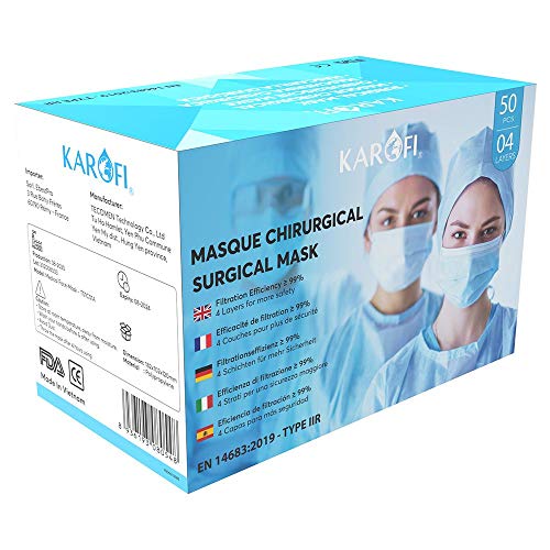 KAROFI - Lote de 2500 Mascarillas Quirúrgicas Tipo IIR (II R, 2R) Medico, probadas y aprobadas, BFE > 99%, 4 Capas, certificadas CE EN14683:2019, Lote de 50 Cajas de 50 Unidades