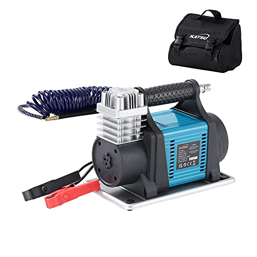 KATSU Inflador Bomba de Neumáticos de Servicio Pesado Compresor de Aire Portátil 12V 23A 150PSI 240W Flujo de Aire 40L/Min + 3M Cable Eléctrico + 3M Manguera de Aire Flexible + 3 Boquillas + Bolsa