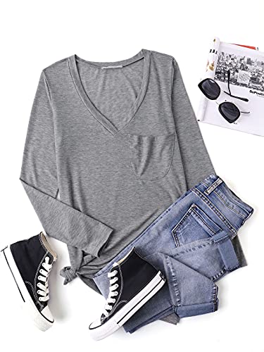 kenoce Camiseta Mujer de Manga Larga Blusa Cuello en V Casual Manga Larga Tshirt Sexy Color Sólido Elasticidad Pullover Blusas D-Gris L