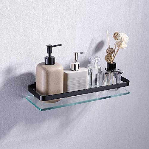 KES Estantería Baño Estanterías Cristal Baño Vidrio Templado 8mm Extra Gruesa Montado en la Pared Rectangular Baldas Baño Negra Aluminio Negro 2 Pieza, A4126A-BK-P2