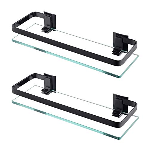 KES Estantería Baño Estanterías Cristal Baño Vidrio Templado 8mm Extra Gruesa Montado en la Pared Rectangular Baldas Baño Negra Aluminio Negro 2 Pieza, A4126A-BK-P2