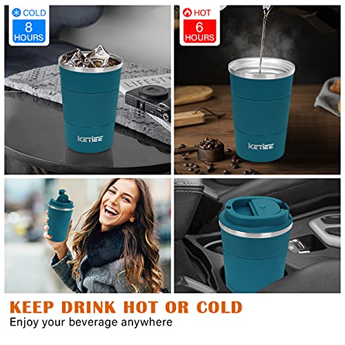 KETIEE Taza de Café,380ml Taza de Viaje Aislada,Taza Térmica Reutilizable,Tazas de Café de Doble Pared,Taza de Viaje para Café,Vaso-Termo-Cafe para Llevar,Taza de Café Reutilizable,Azul