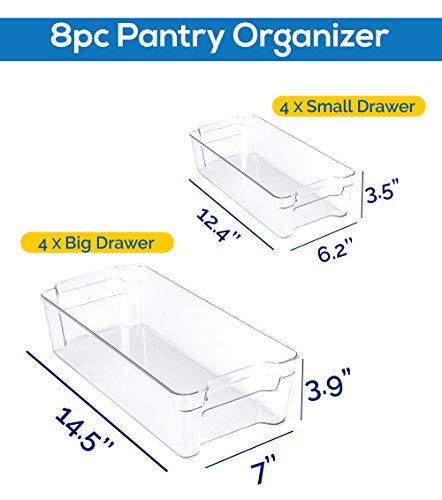 KICHLY Organizadores para la despensa - Juego de 8 (4 grandes, 4 pequeños) - Compartimentos de almacenamiento para la cocina, despensa, armarios, encimeras y refrigerador - sin BPA (Transparente)