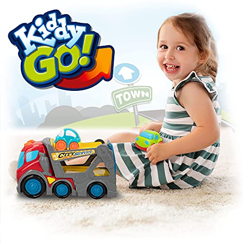 Kiddy GO! - Camión juguete, camión grúa de juguete, camión para niños con luz y sonido, camión con remolque y 2 coches incluidos, juguetes educativos, juguetes niños 1 año (46607)