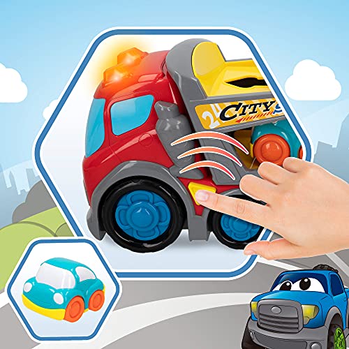 Kiddy GO! - Camión juguete, camión grúa de juguete, camión para niños con luz y sonido, camión con remolque y 2 coches incluidos, juguetes educativos, juguetes niños 1 año (46607)