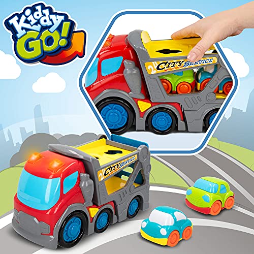 Kiddy GO! - Camión juguete, camión grúa de juguete, camión para niños con luz y sonido, camión con remolque y 2 coches incluidos, juguetes educativos, juguetes niños 1 año (46607)