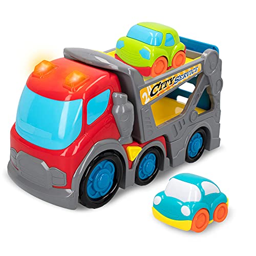 Kiddy GO! - Camión juguete, camión grúa de juguete, camión para niños con luz y sonido, camión con remolque y 2 coches incluidos, juguetes educativos, juguetes niños 1 año (46607)