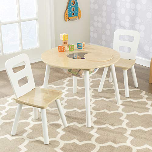 KidKraft 27027 Juego infantil de mesa redonda y 2 sillas de madera, muebles para salas de juego y dormitorio de niños, Natural y blanco